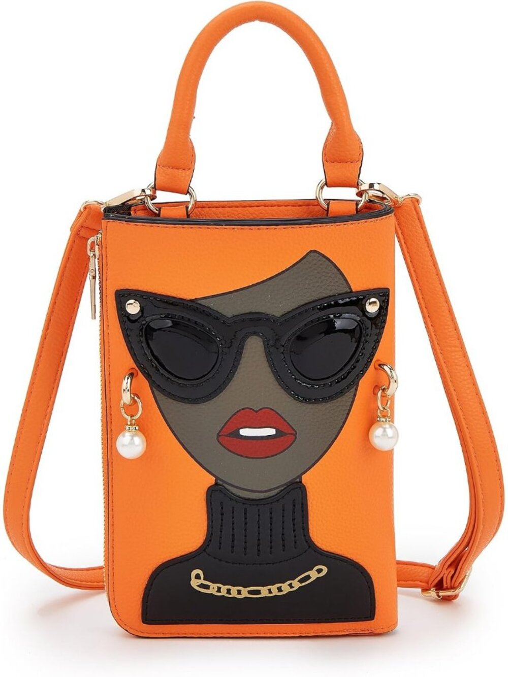 Women OrangeBrown Novelty Lady Face PU Leather ShoulderBag Handle Satchel Clutch